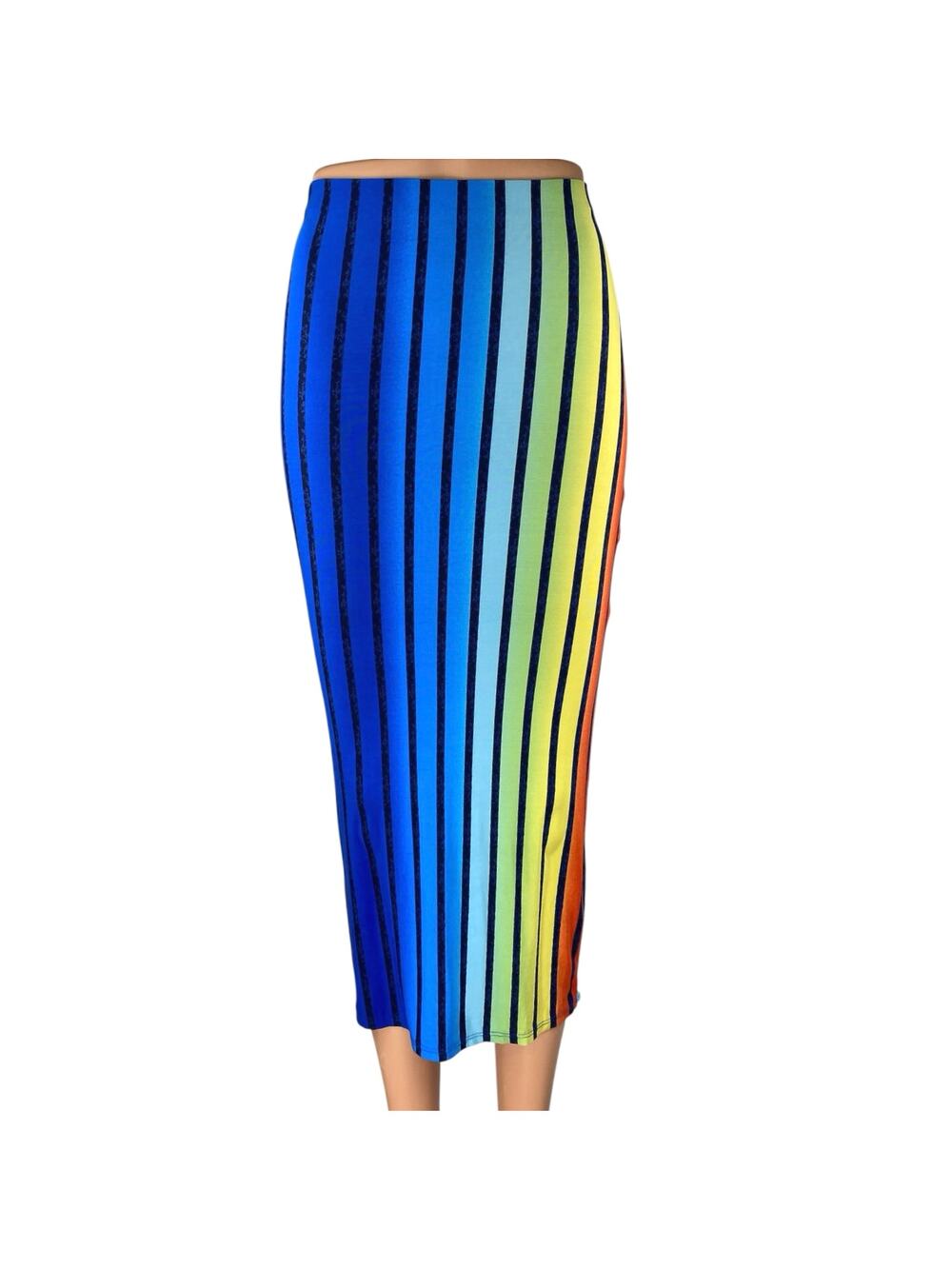 Sabora Womens Multicolor Rainbow Striped Stretch Midi Bodycon Pencil Skirt Sz S